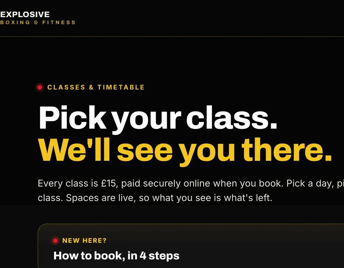 The gym’s class page: Pick your class, with a calendar, class filters and a Thursday class with 8 spaces left, £15 and a Book button.