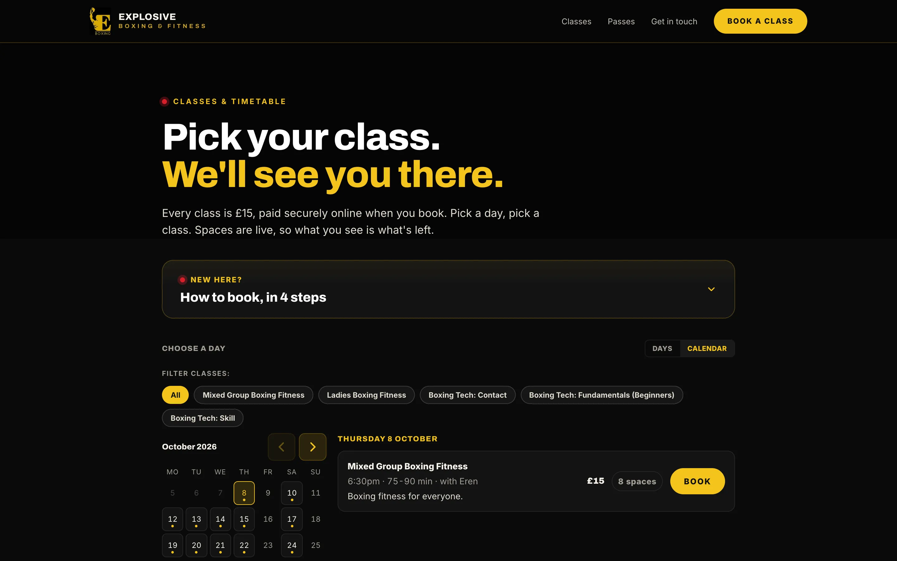 The gym’s class page: Pick your class, with a calendar, class filters and a Thursday class with 8 spaces left, £15 and a Book button.
