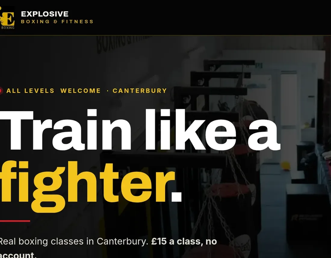 The gym’s website: Train like a fighter. Real boxing classes in Canterbury, £15 a class, no account, with Book a class and Passes from £50.