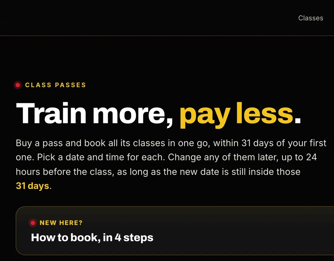 The gym’s passes page: 4 classes for £50, 8 for £95 and 10 for £110, valid for 31 days from the first class.