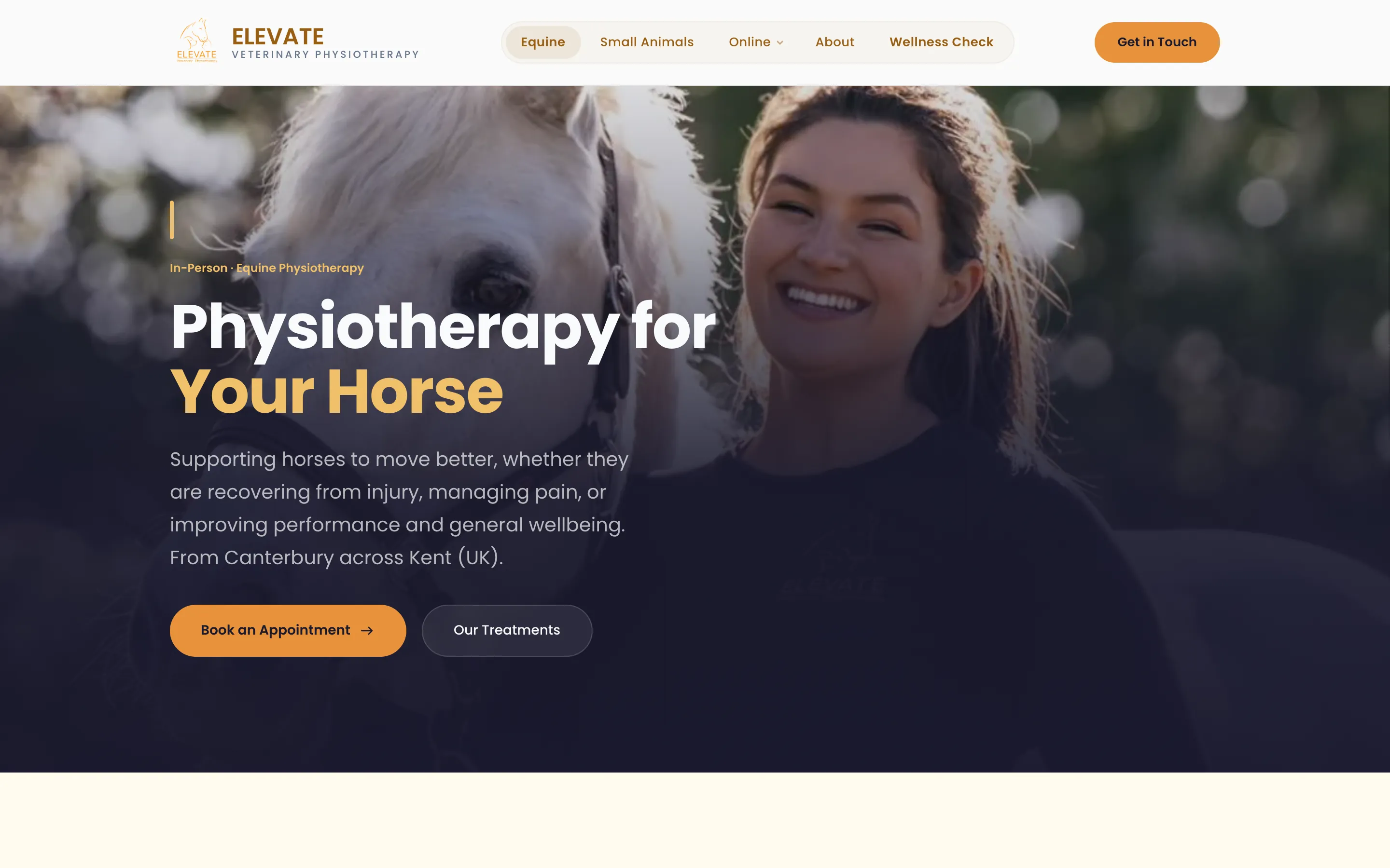 The practice’s equine page: Physiotherapy for your horse, with Book an appointment and Our treatments buttons.