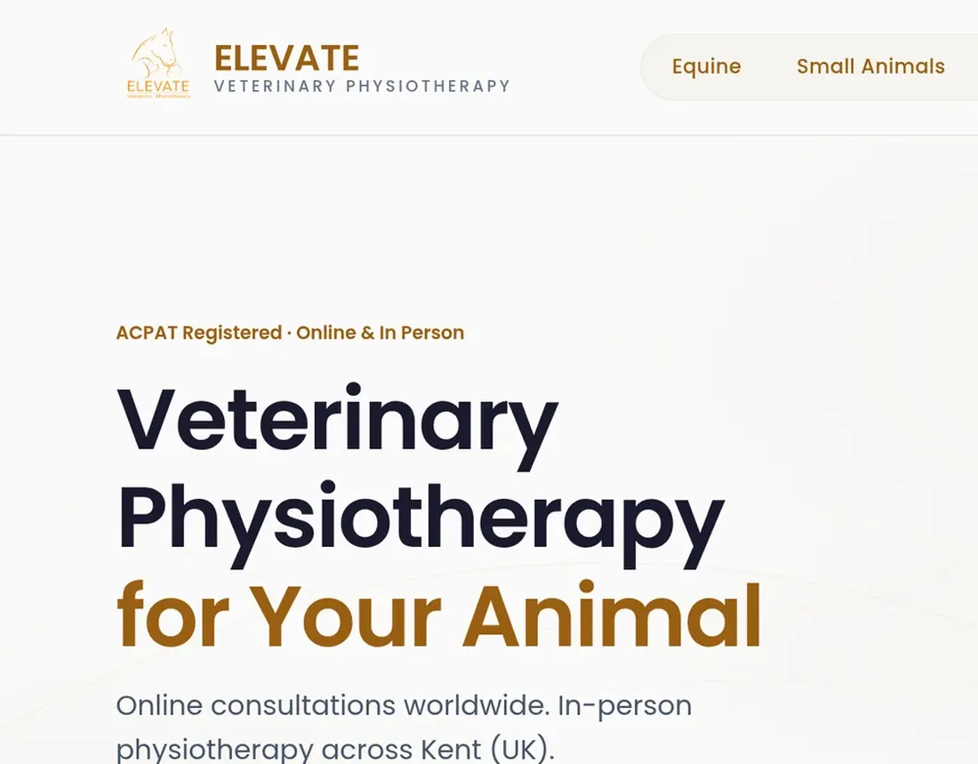 The practice’s website: Veterinary Physiotherapy for Your Animal, with Book an Appointment and Our Services, a 5.0 Google rating and its registrations.