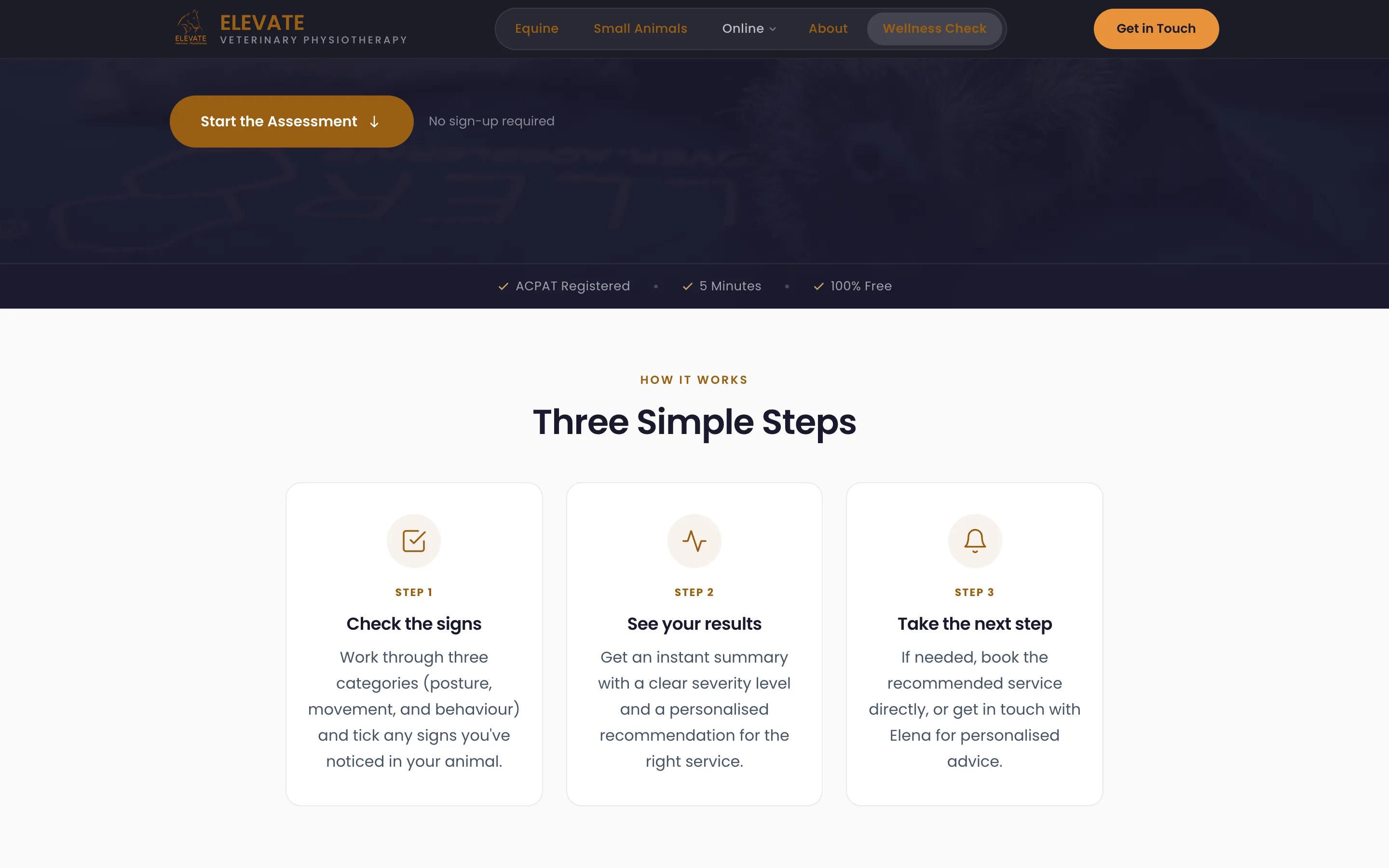The practice’s free wellness check: ACPAT registered, 5 minutes, 100% free, and how it works in three steps: check the signs, see your results, take the next step.