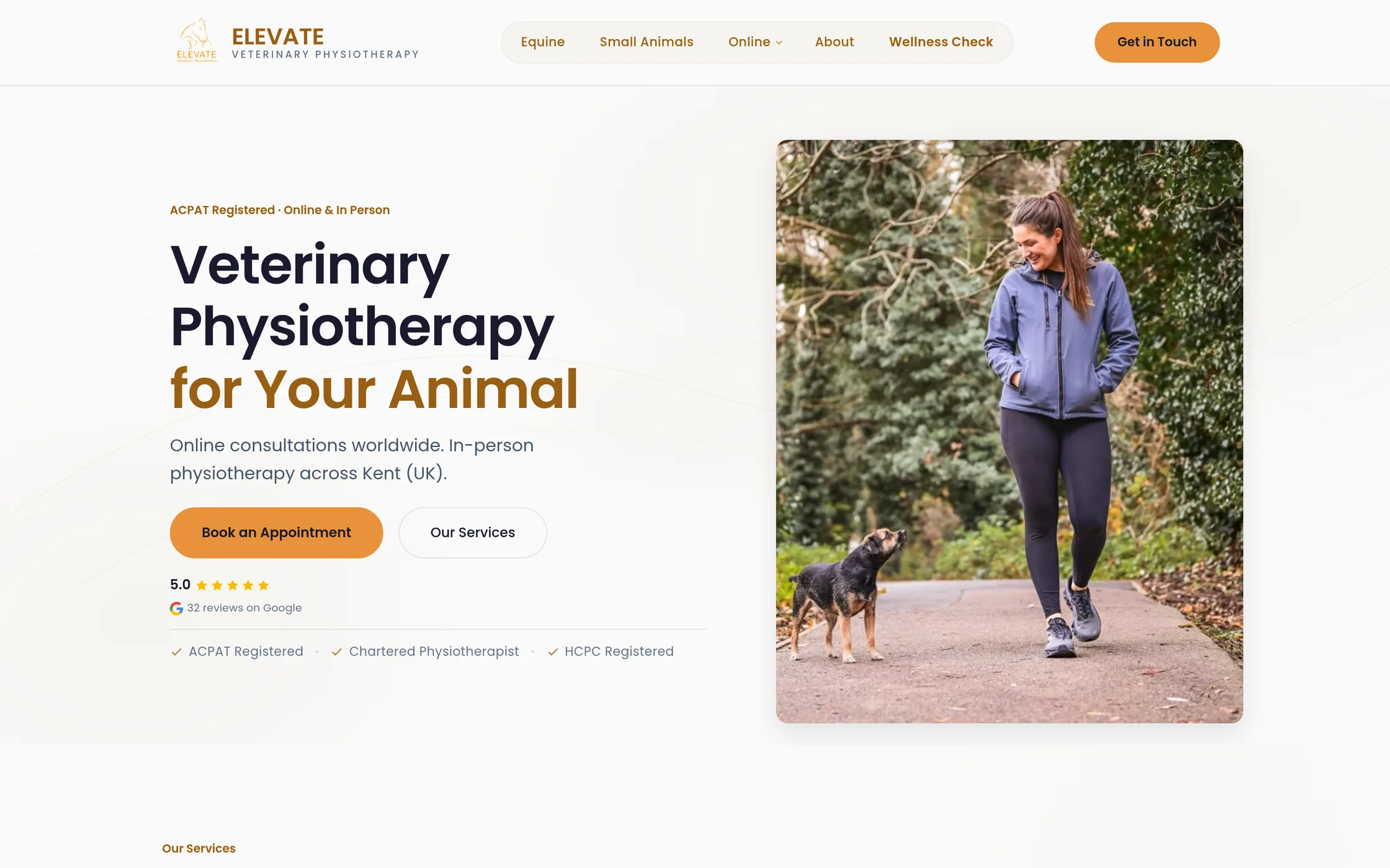 Elevate Vet Physio website on a desktop: Veterinary Physiotherapy for Your Animal, with Book an Appointment, and the Canine & Feline Wellness Check prompt.