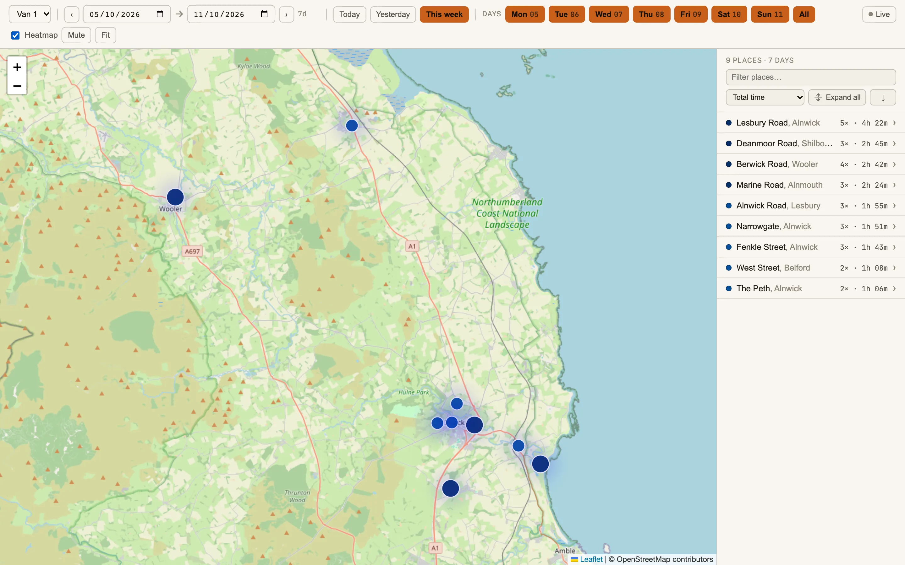 Fleet tracker with sample data: the heatmap switched on, with the busiest places glowing on the map beside the list of places.