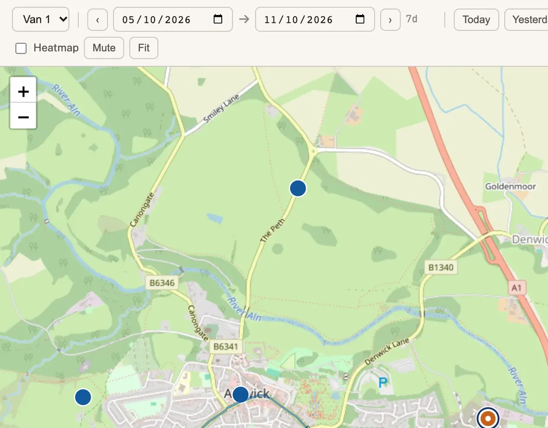 Fleet tracker with sample data: the live view of one van, parked, with when it last reported, today’s distance and driving time, and its trail on the map.