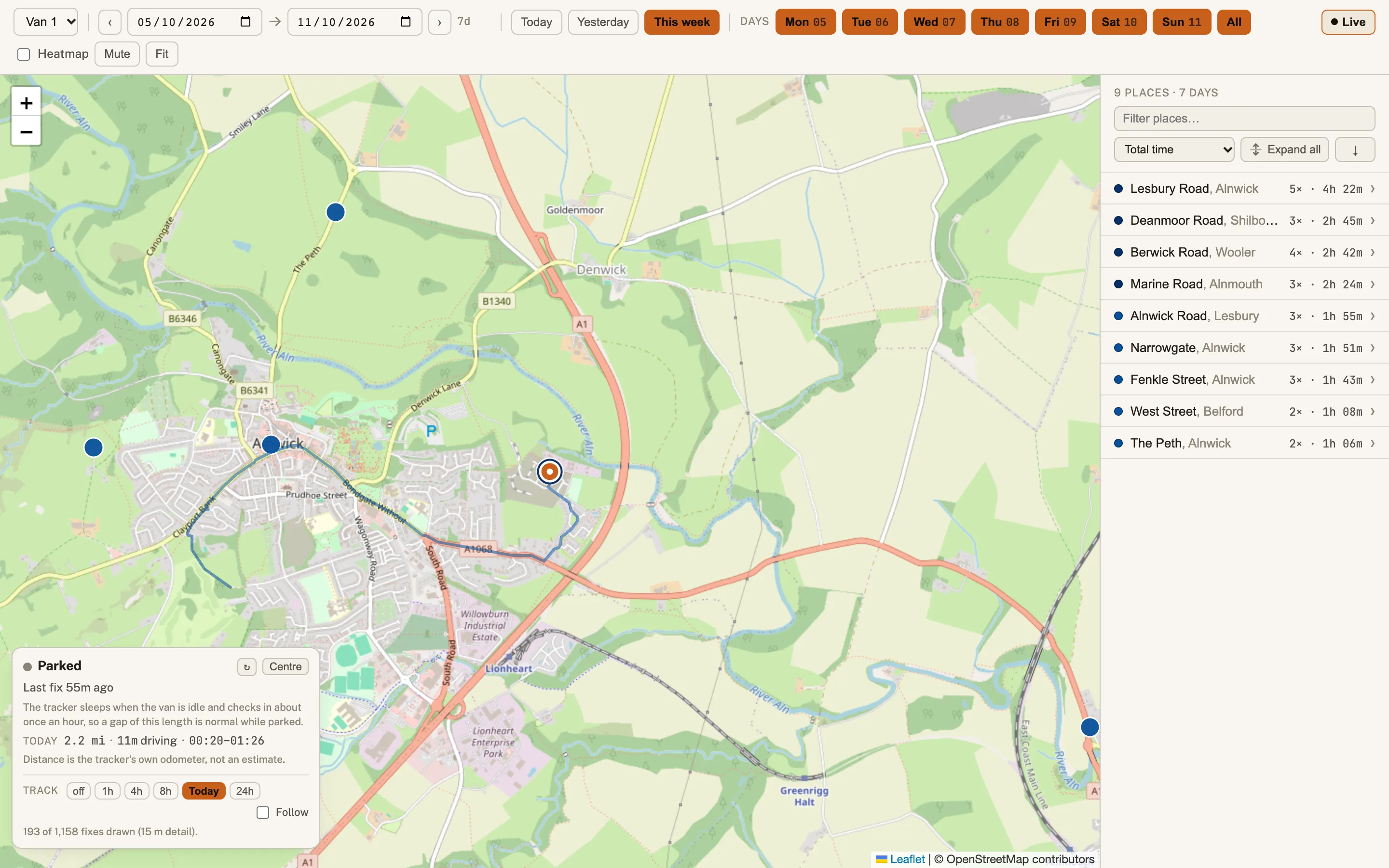 Fleet tracker with sample data: the live view of one van, parked, with when it last reported, today’s distance and driving time, and its trail on the map.
