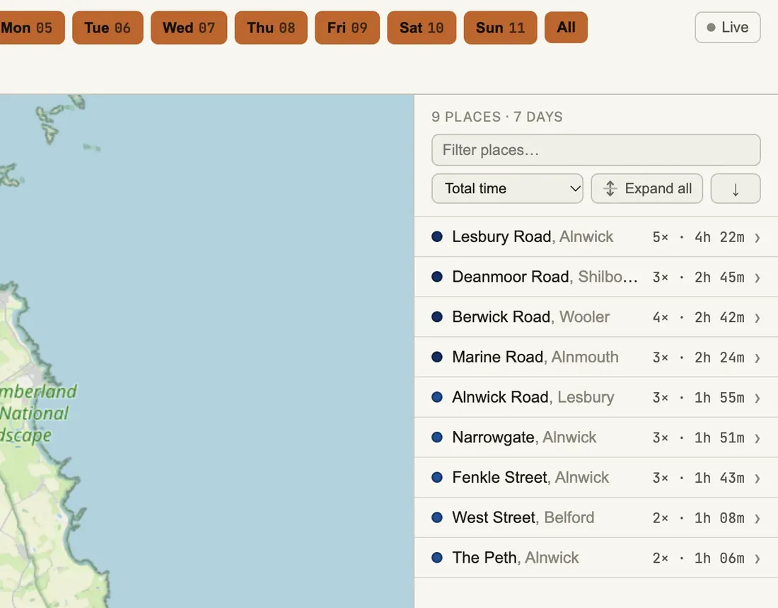 The fleet tracker with sample data: a map of Northumberland with a dot for each place Van 1 stopped this week, sized by time spent, and a list of the nine places with visits and total time.