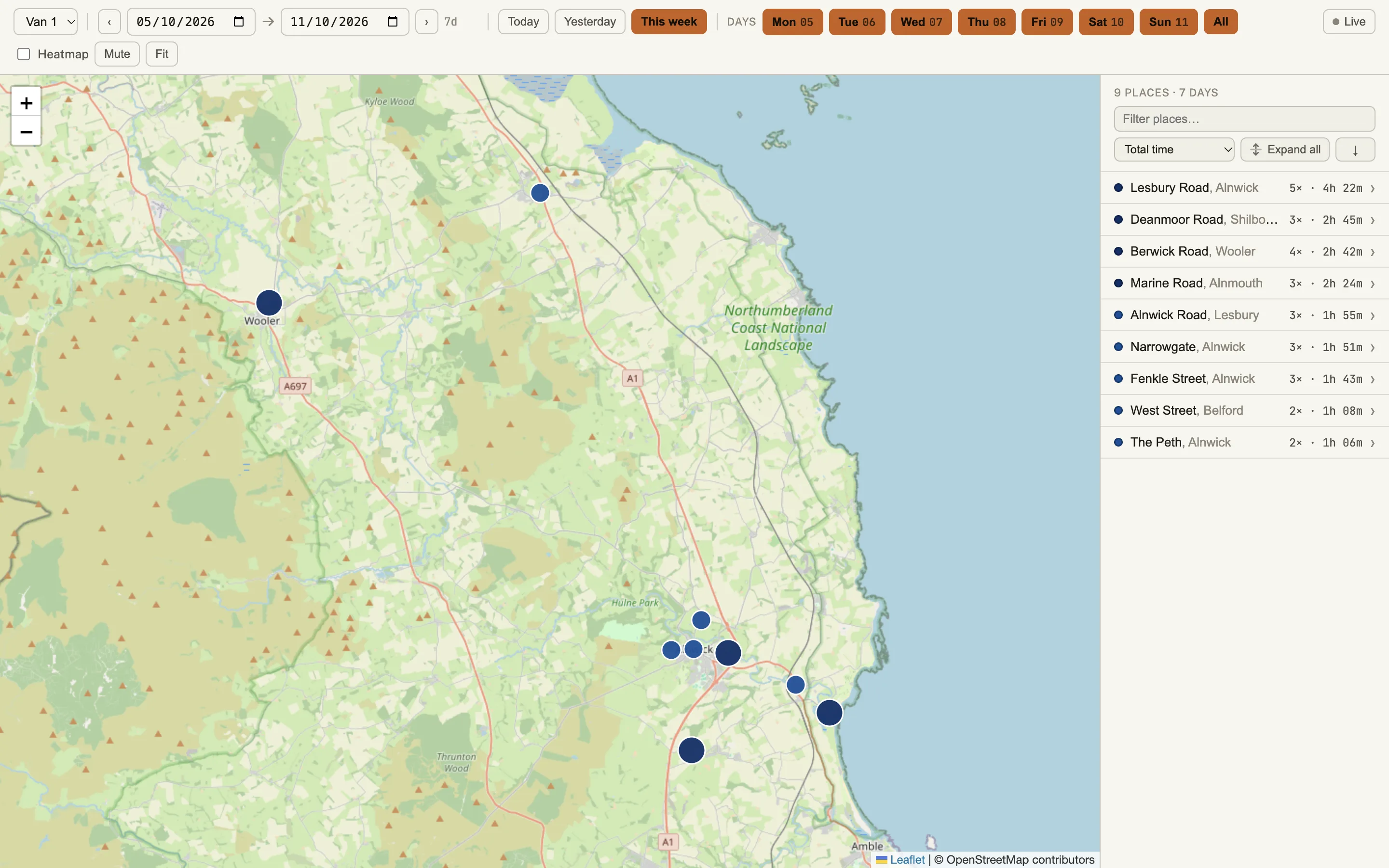 The fleet tracker with sample data: a map of Northumberland with a dot for each place Van 1 stopped this week, sized by time spent, and a list of the nine places with visits and total time.
