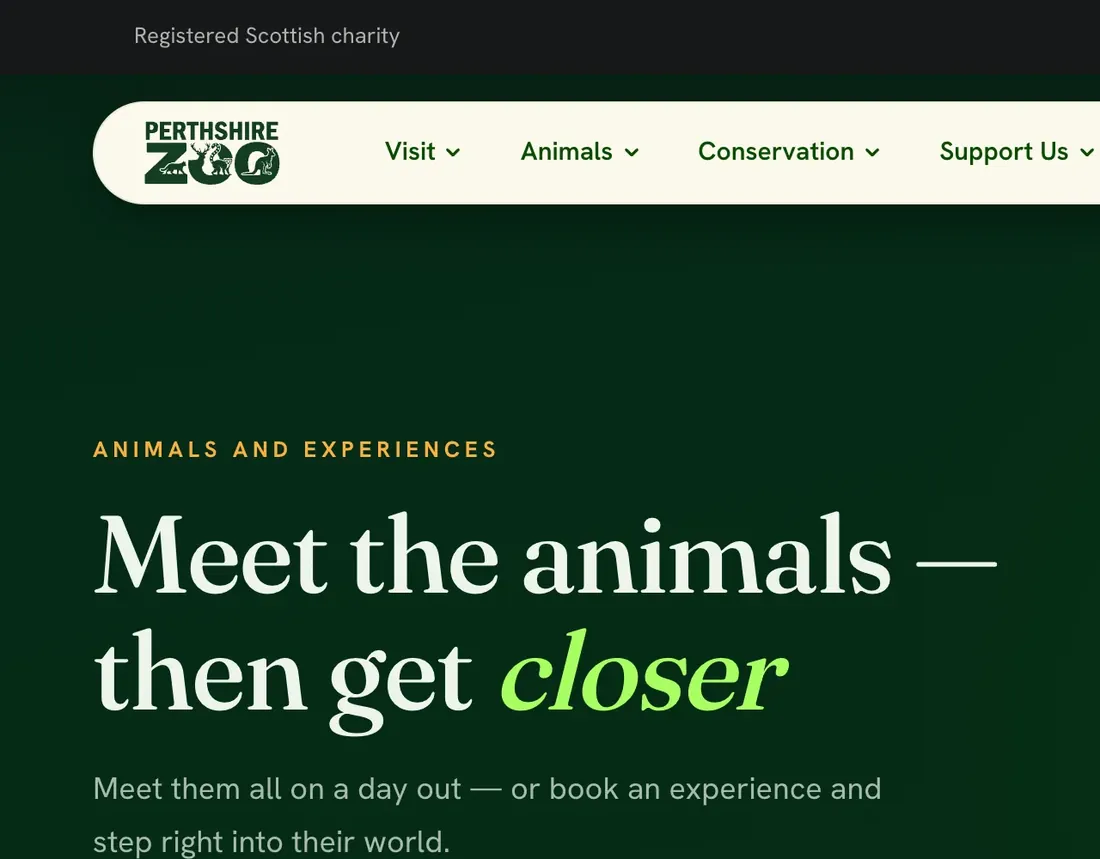 Perthshire Zoo’s website: Meet the animals, then get closer, with 40+ species, 30-minute one-to-one encounters and a Book an experience button.