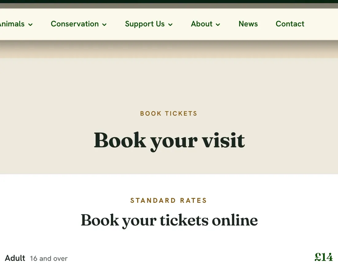 Perthshire Zoo’s website: Book your visit, with adult £14, child £12, concession £12 and family £48 tickets and a Book tickets button.