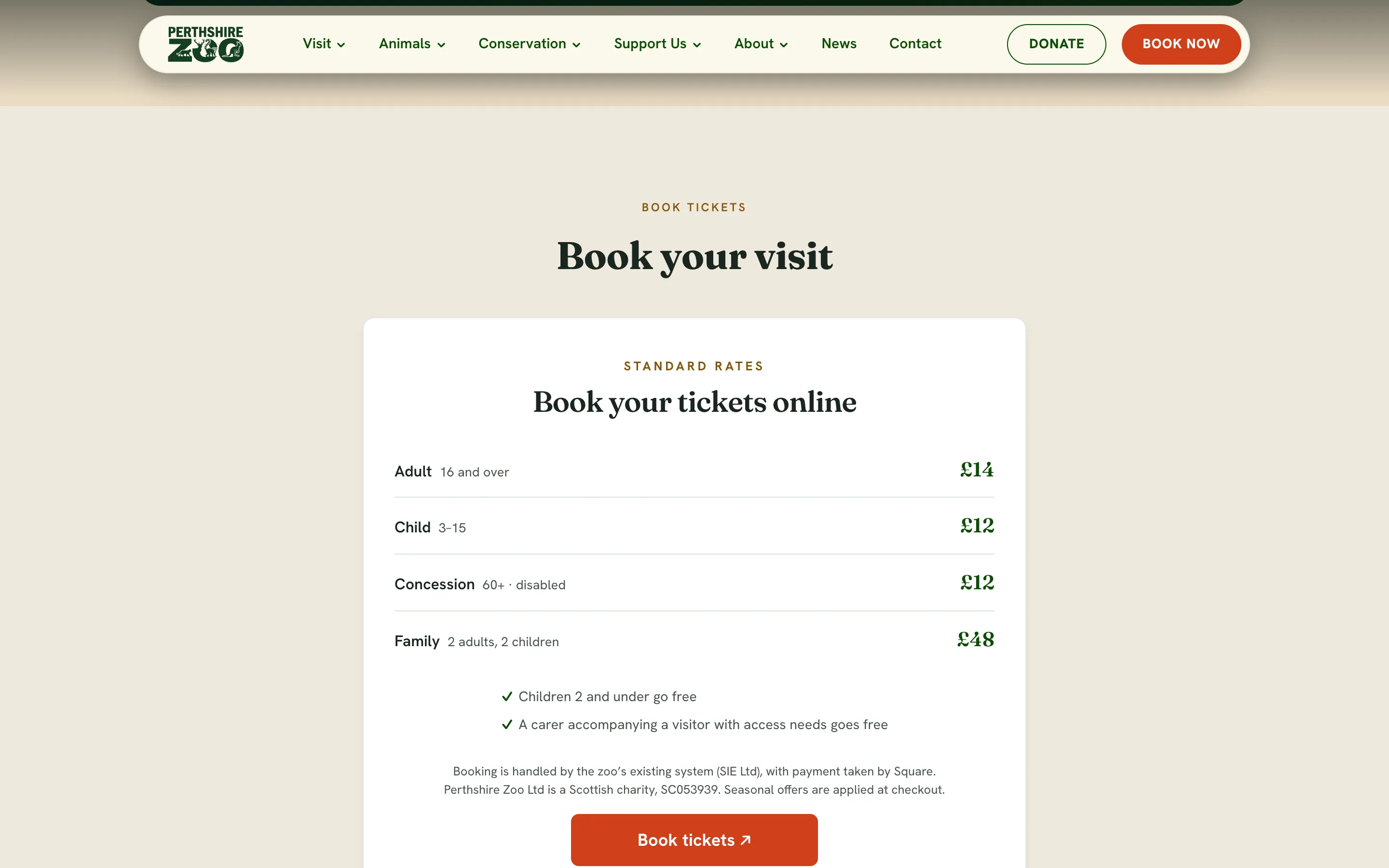 Perthshire Zoo’s website: Book your visit, with adult £14, child £12, concession £12 and family £48 tickets and a Book tickets button.