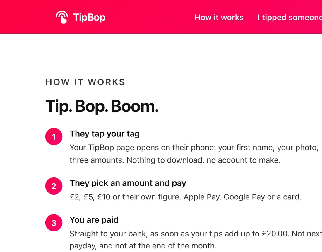 TipBop’s how it works page: Tip. Bop. Boom. in three steps: they tap your tag, they pick an amount and pay, you are paid.