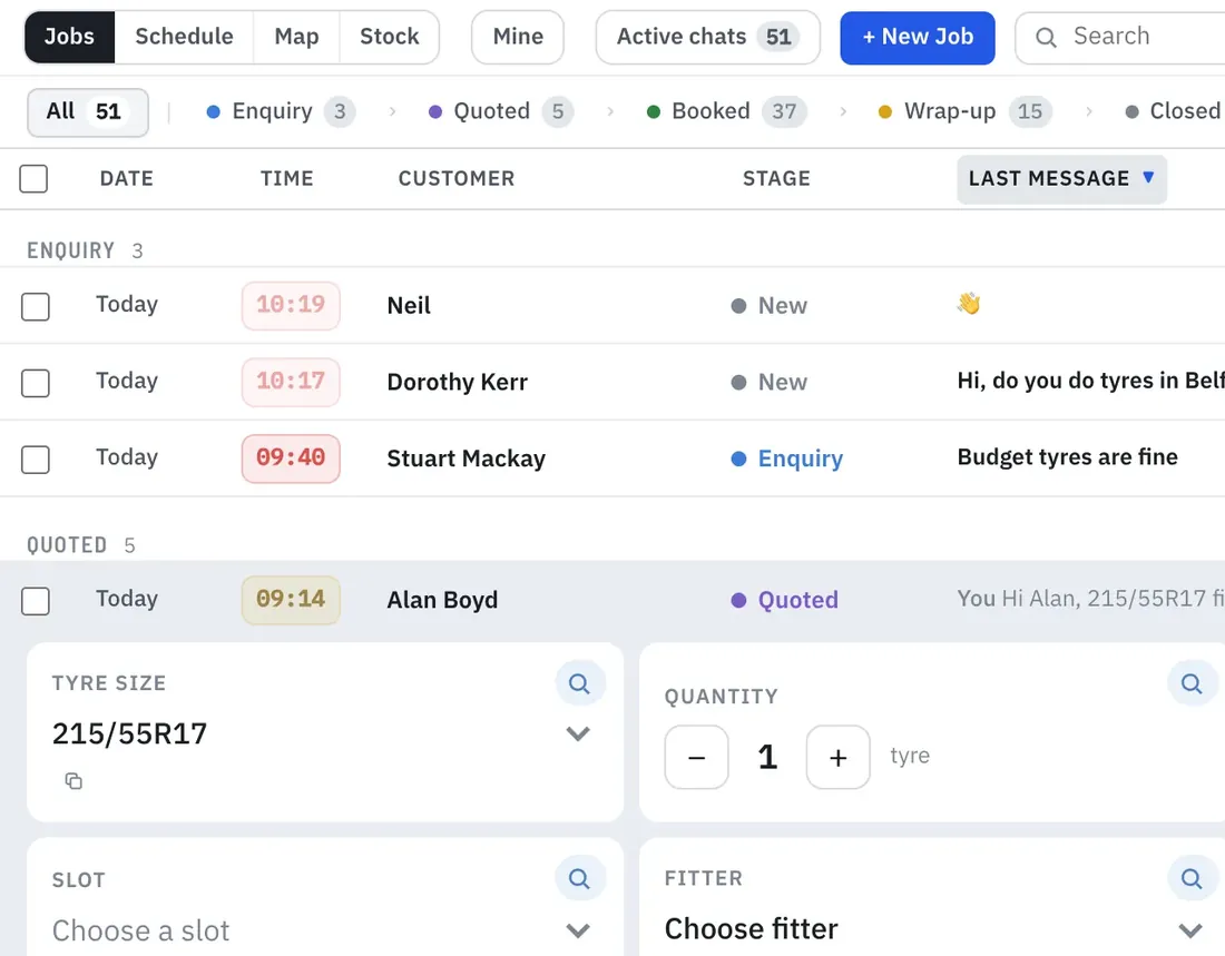 TyreStack’s jobs list with sample data: enquiries, quoted and booked jobs by stage, one quoted job opened to show tyre size, quantity, vehicle and location, and the customer’s WhatsApp chat with the quote reply on the right.