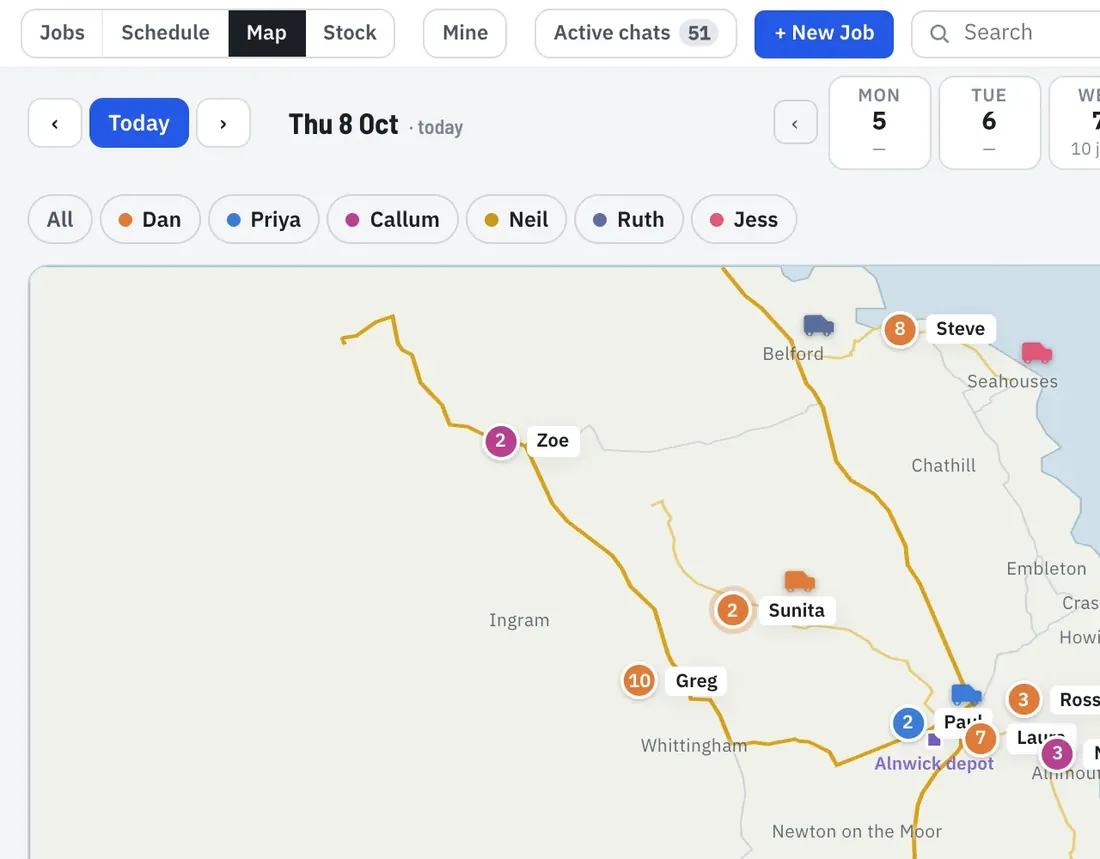 TyreStack’s map with sample data: six fitters’ vans and their numbered jobs along the Northumberland coast, with the depot and a trade counter marked.