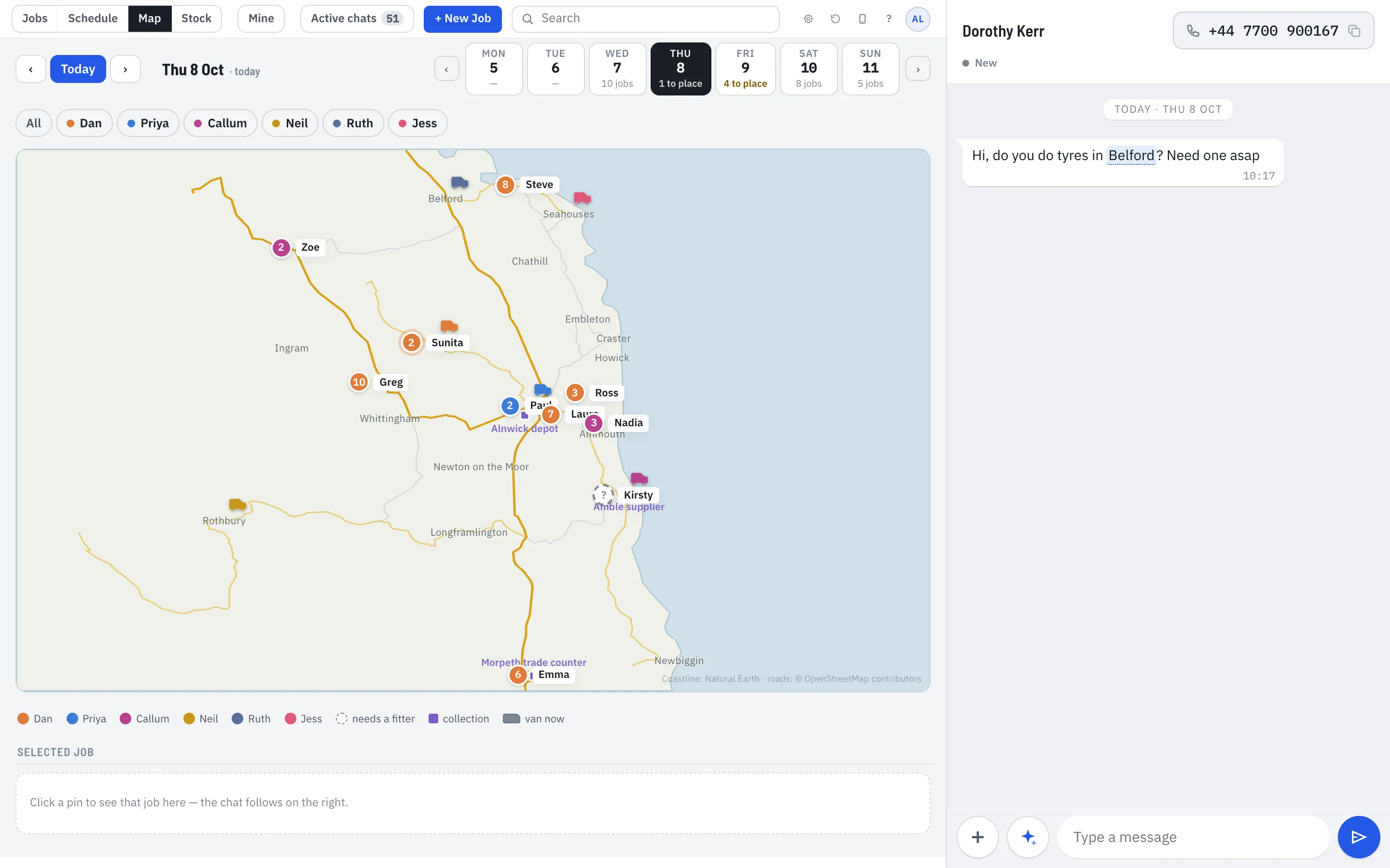 TyreStack’s map with sample data: six fitters’ vans and their numbered jobs along the Northumberland coast, with the depot and a trade counter marked.