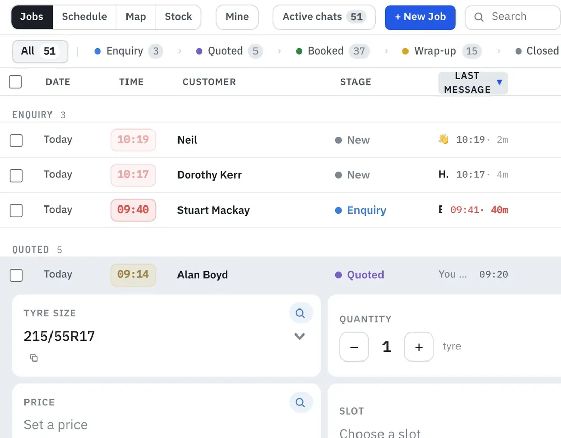 TyreStack’s quote builder with sample data: three options, Economy £90, Mid-range £120 and Premium £165, a puncture-repair add-on, and the message that will be sent, ready to edit.