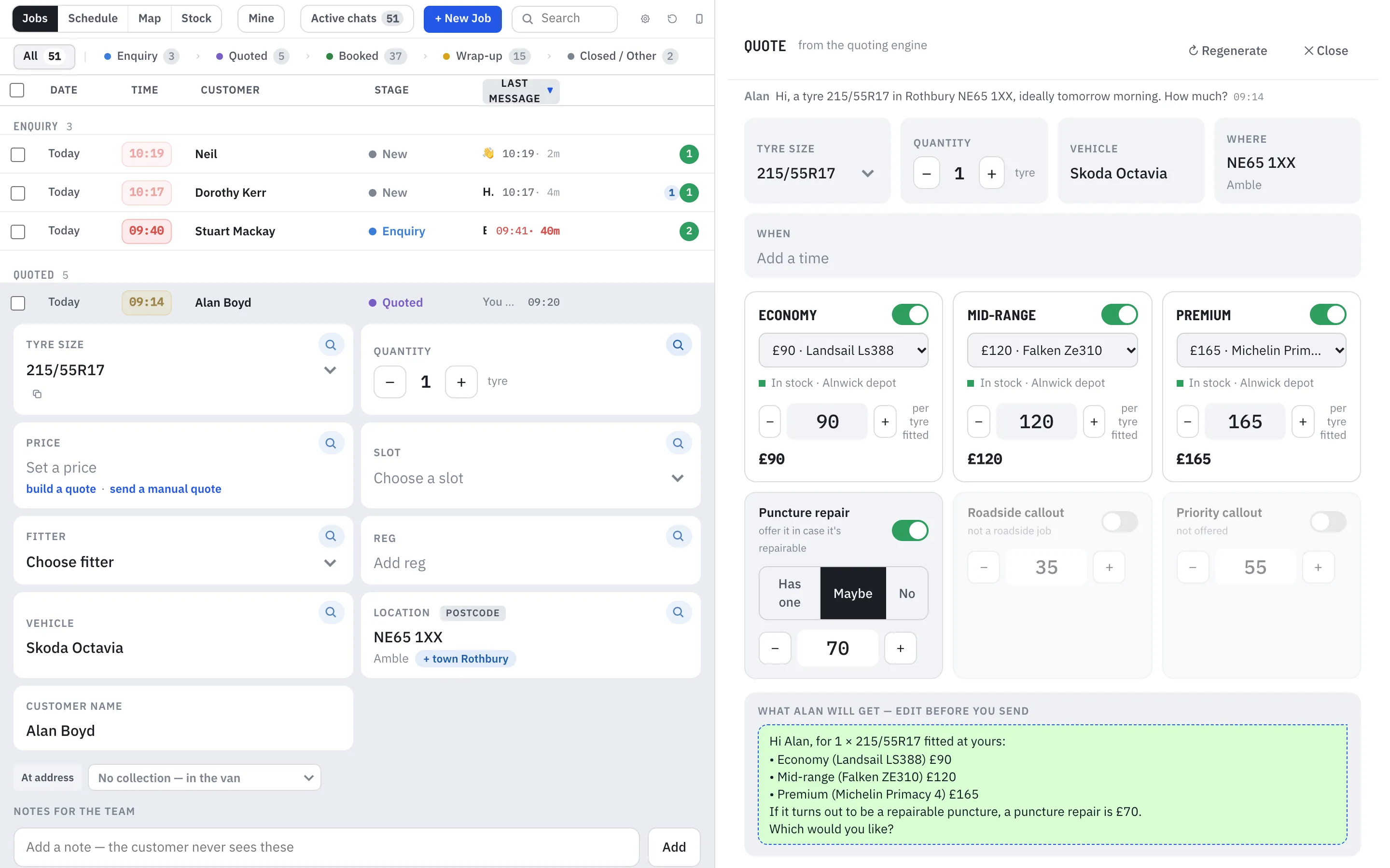 TyreStack’s quote builder with sample data: three options, Economy £90, Mid-range £120 and Premium £165, a puncture-repair add-on, and the message that will be sent, ready to edit.