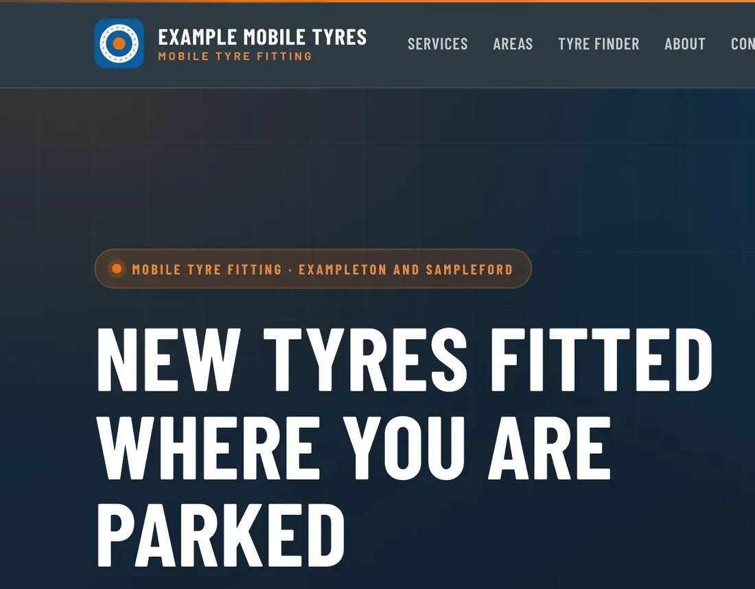A fitter’s website built on the TyreStack template, sample content: New tyres fitted where you are parked, with a tyre-size check by registration and call and WhatsApp buttons.