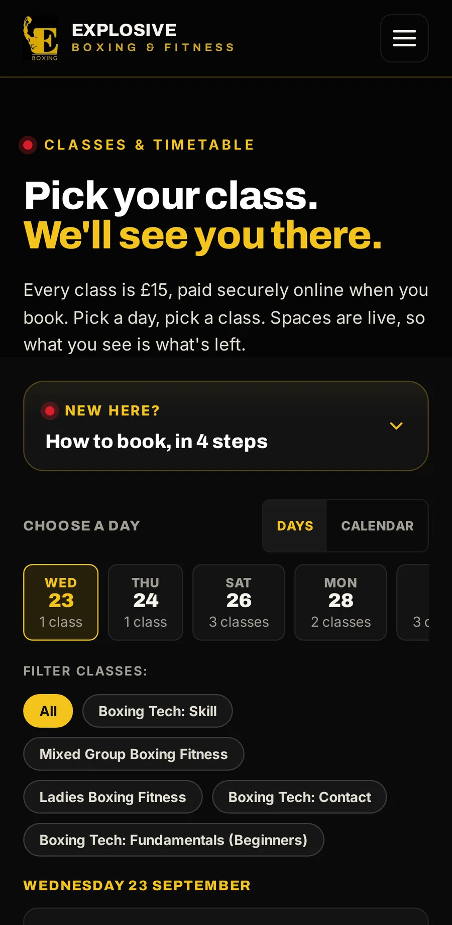 Booking on the gym’s site on a phone: Pick your class. Every class is £15, paid securely online, with a four-step guide, a choice of day (Wednesday 23 selected) and class filters.
