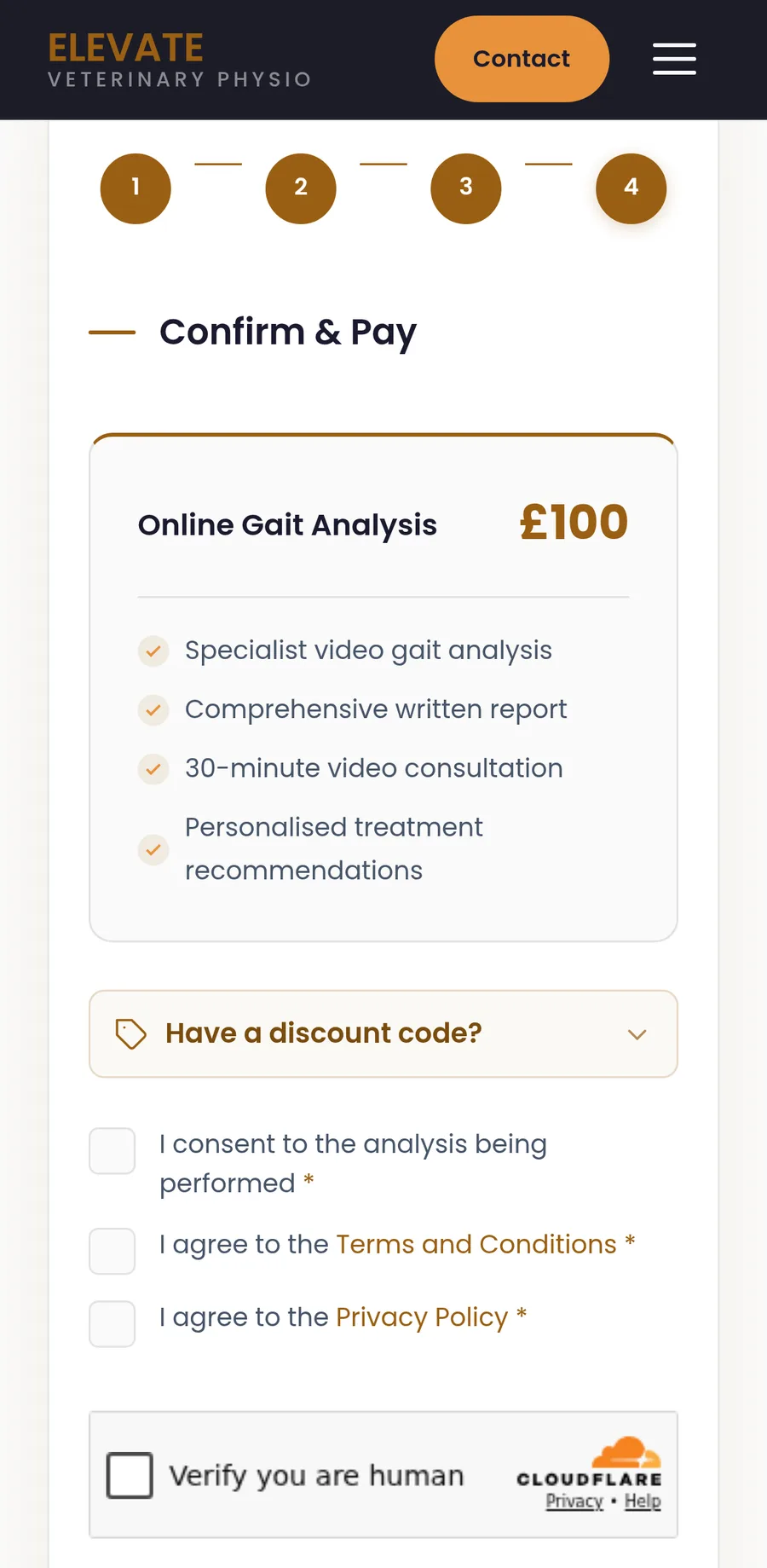 Booking a gait analysis on a phone, sample details: step 4 of 4, Confirm & Pay. Online Gait Analysis, £100: specialist video gait analysis, a written report, a 30-minute video consultation and personalised treatment recommendations.