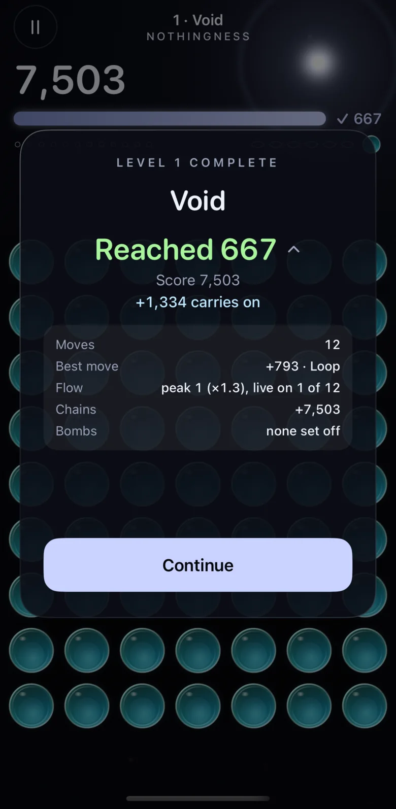 Nascent’s level complete card: Level 1, Void, Reached 667, score 7,503, with a breakdown of moves, best move, Flow, chains and bombs, and a Continue button.