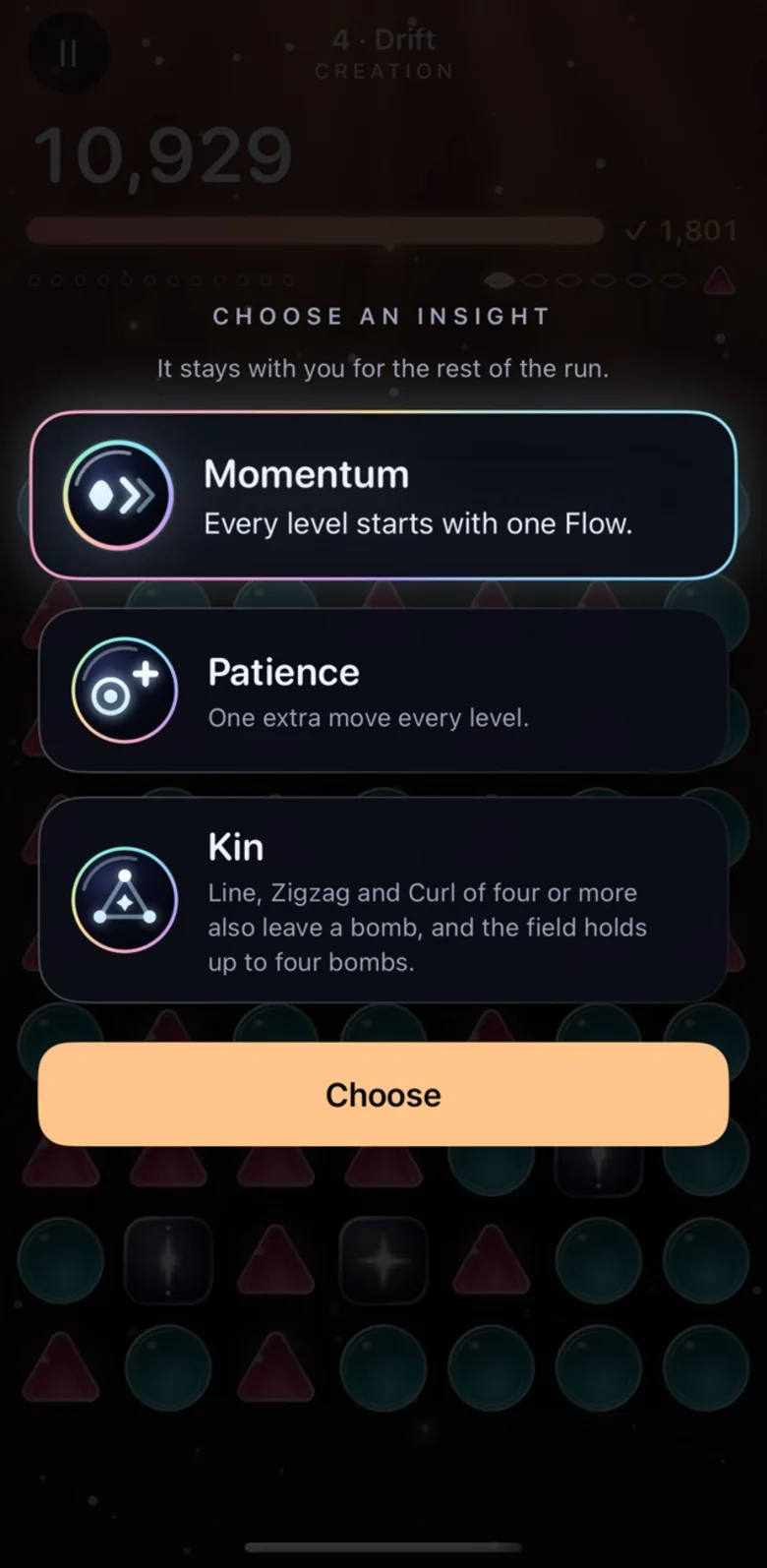 Nascent’s Insight choice: Choose an Insight, it stays with you for the rest of the run. Three cards, Momentum, Patience and Kin, each with its rule, Momentum selected, and a Choose button.