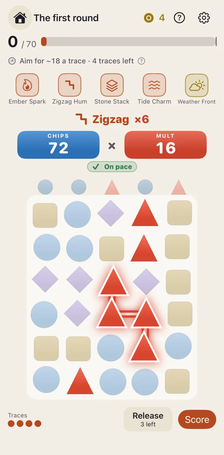 Weave on a phone: a five-by-six board of shapes with a zigzag of four triangles traced, scoring Zigzag ×6: 72 chips times 16 mult, with five Artefacts held across the top.