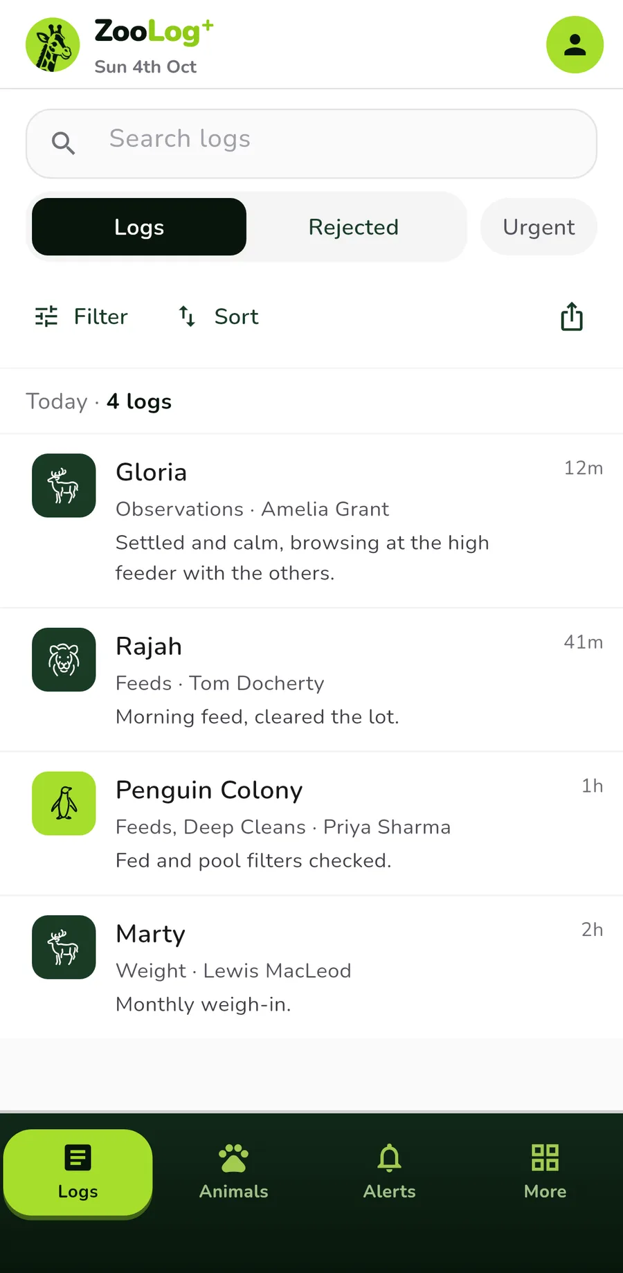 The ZooLog+ keeper app, sample data: Sun 4th Oct, today 4 logs. Gloria, Rajah, Penguin Colony and Marty, each with the keeper’s note and how long ago, and the bottom navigation: Logs, Animals, Alerts, More.